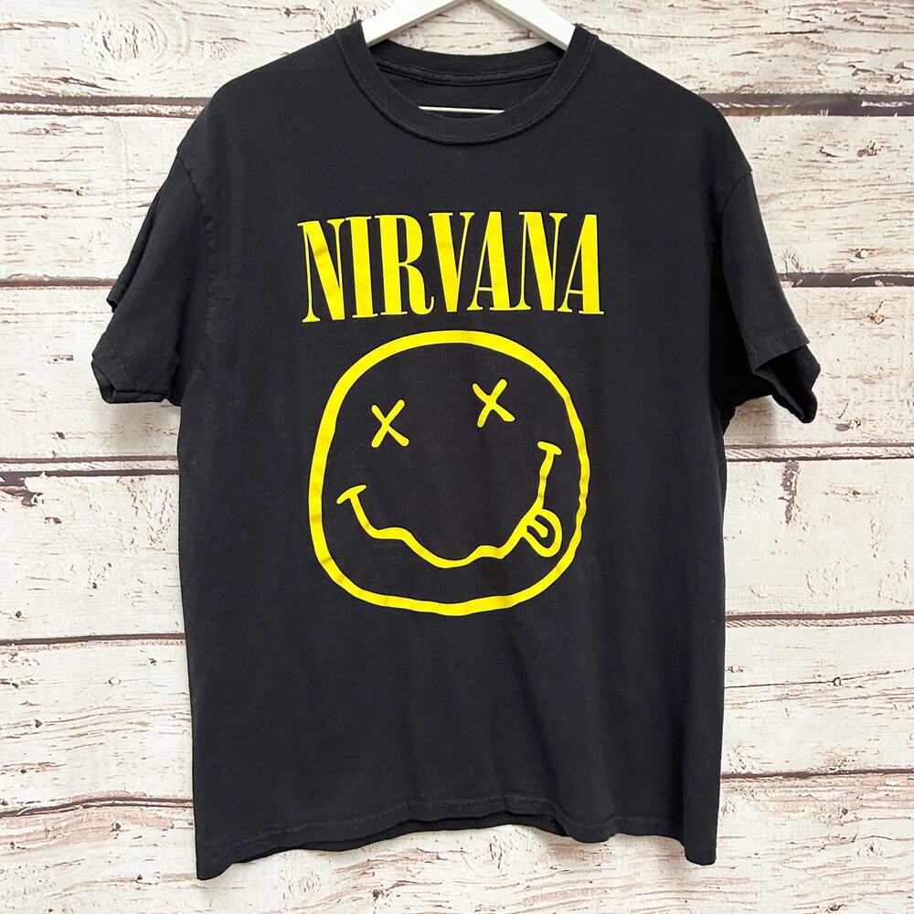 NIRVANA Smiley Face Graphic Band Tee Black T-Shirt Size Large Grunge Rock